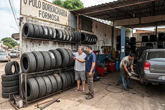 Diversos pneus em exibição na borracharia.