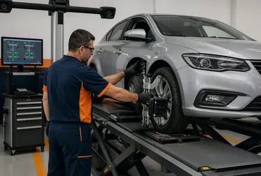 Equipamento de alinhamento de rodas em funcionamento.