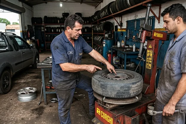 Profissional avaliando o desgaste de um pneu.