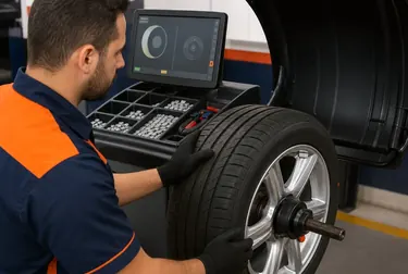 Profissional balanceando rodas de um carro na borracharia.