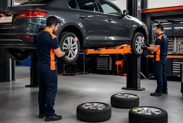 Profissional realizando rodízio de pneus em um carro.