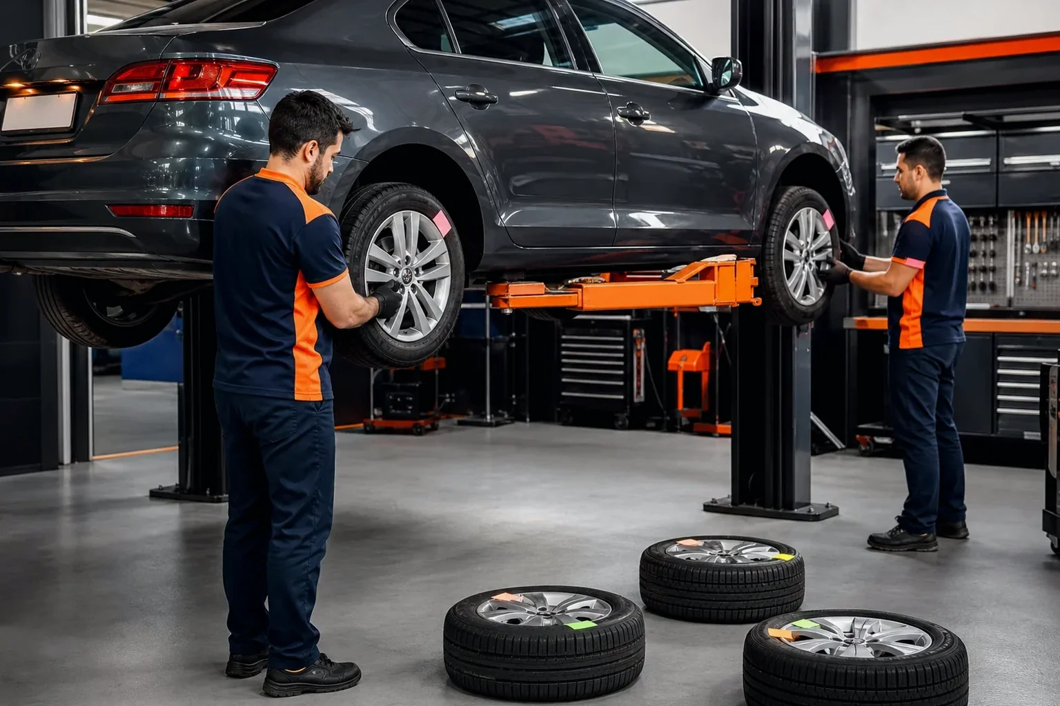 Profissional realizando rodízio de pneus em um carro.