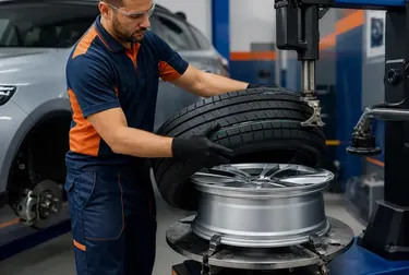 Profissional trocando pneus em um veículo na borracharia.